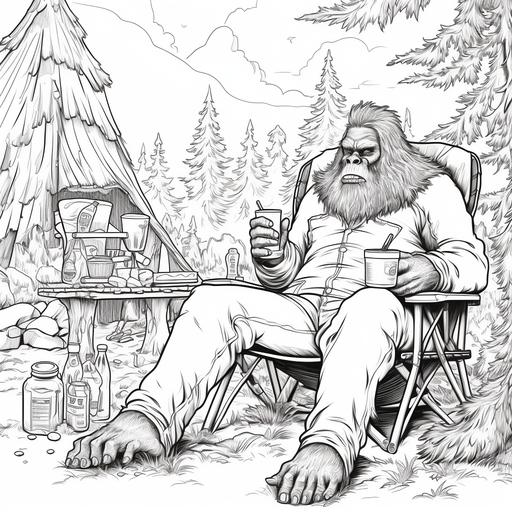 a coloring page of a bigfoot relaxing in a camp chair, a look of exhaustion on his face, holding and sudsy can of beer