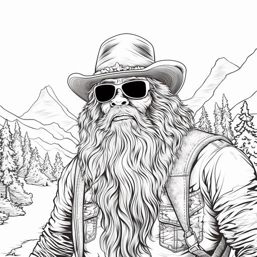 a coloring page of a bigfoot wearing a cowboy hat, sunglasses and clothes like a lumberjack, cartoon style, thick line, low detail, no shading.