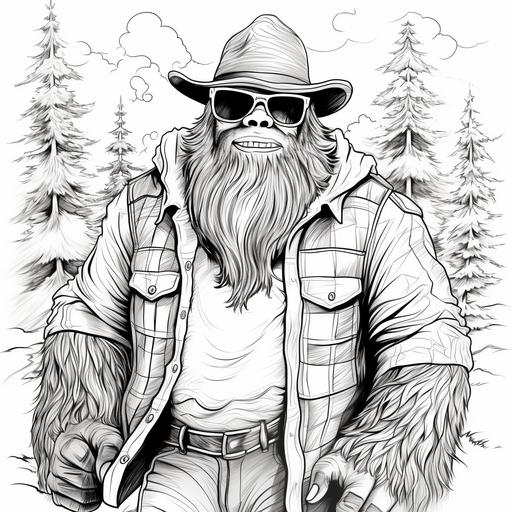 a coloring page of a bigfoot wearing a cowboy hat, sunglasses and clothes like a lumberjack, cartoon style, thick line, low detail, no shading.