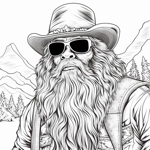 a coloring page of a bigfoot wearing a cowboy hat, sunglasses and clothes like a lumberjack, cartoon style, thick line, low detail, no shading.