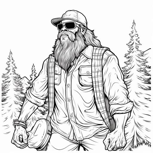 a coloring page of a bigfoot wearing a cowboy hat, sunglasses and clothes like a lumberjack, cartoon style, thick line, low detail, no shading.