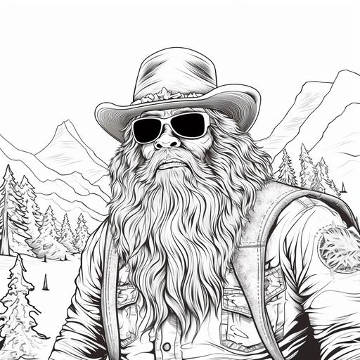 a coloring page of a bigfoot wearing a cowboy hat, sunglasses and clothes like a lumberjack, cartoon style, thick line, low detail, no shading.