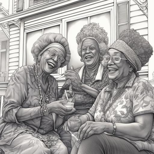 a coloring page of four black grannies smoking weed and laughing, 4K, 3:2
