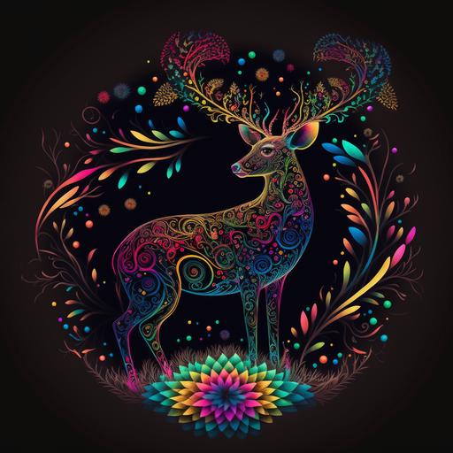 a colorized alien deer with lots of neon on a large mandala background lots of round petals_ black background_ all vectorized