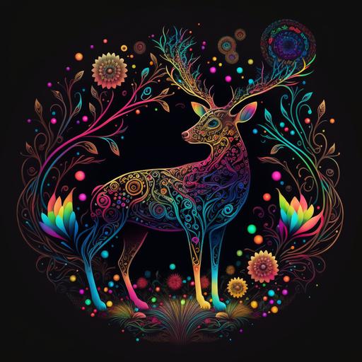 a colorized alien deer with lots of neon on a large mandala background lots of round petals_ black background_ all vectorized