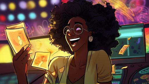 a colourful storyboard sketch of a happy black woman winning a jackpot in a dark room with confetti and disco lights in the background. She is holding a yellow envelope --ar 16:9 --v 5