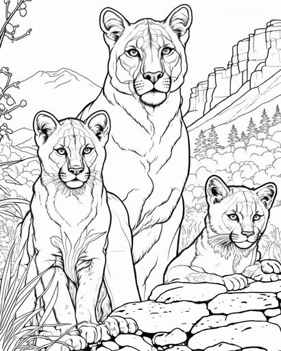 a colouring book outline for kids. It is about mountain lion with cubs. it has thick lines. Black and white for people to color in the sections. low detail. It has to be a template. no shading --ar 9:11