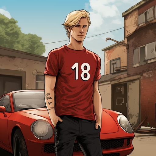 a comic book image of a twenty years old blond hair smiling driver, wearing a football shirt, standing up in front of a little modern red car with the number 18 marked on the car door, neutral background image