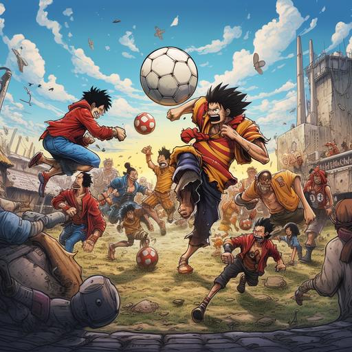 a comic illustration of One Piece anime characters playing football
