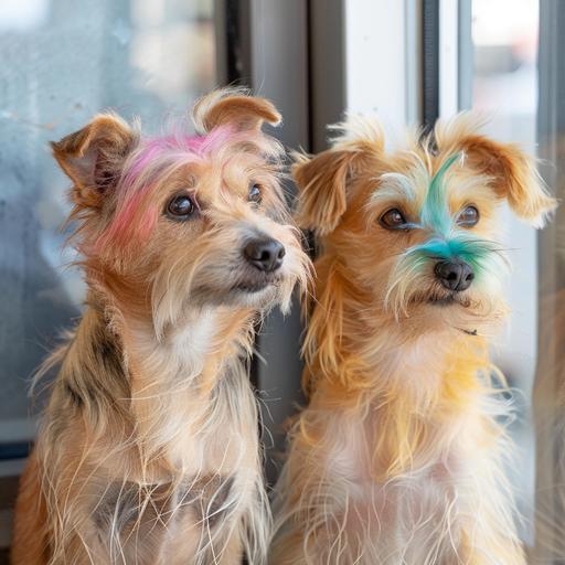 a commercial photo of two scruffy old dogs together with colored dyed streaks of hair sitting in a bright room. 4k commercial realistic for hair dye company --v 6.0