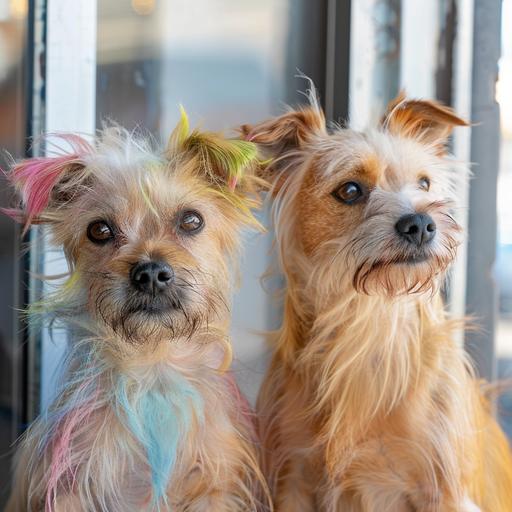 a commercial photo of two scruffy old dogs together with colored dyed streaks of hair sitting in a bright room. 4k commercial realistic for hair dye company --v 6.0