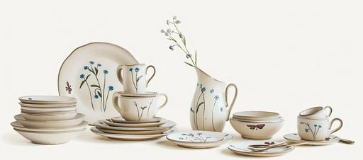 a complete formal tableware set in a vector minimalist single line sketch of forget-me-not flowers theme --no person pet vehicle skull symmetry vanishing point face --v 6.0 --sref  --ar 25:11 --sw 200 --iw .256