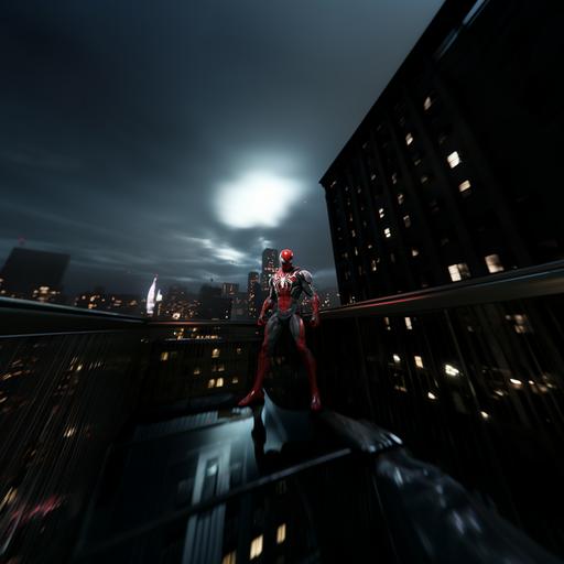a completely Scarlet colored Spider-Man, no other colors or textures, with completely white eye visors, and with a white spider symbol on his chest and back, with the Venom Symbiote on his legs and arms, perched on a side of a building, overlooking a huge cyberpunk city, make it HD, 8k, Hyperrealistic