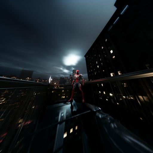 a completely Scarlet colored Spider-Man, no other colors or textures, with completely white eye visors, and with a white spider symbol on his chest and back, with the Venom Symbiote on his legs and arms, perched on a side of a building, overlooking a huge cyberpunk city, make it HD, 8k, Hyperrealistic