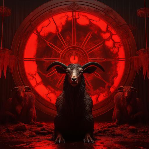 a completely empty red scene with lamb with 7 eyes and 7 horns art minimalism style. Everything is bathed in red light.