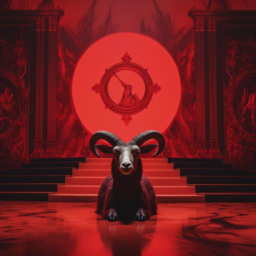 a completely empty red scene with lamb with 7 eyes and 7 horns art minimalism style. Everything is bathed in red light.