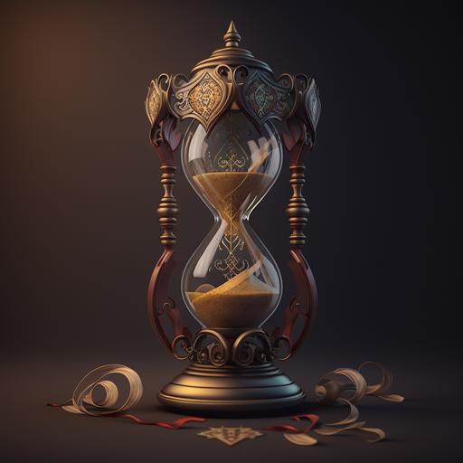 Create a concept art of a unique, ornate hourglass that is an essential element in the time change room set in the mystical world of Navia. The hourglass should feature a button-activated flipping mechanism, which turns the hourglass over and activates its time-changing properties when pressed. Incorporate design elements from Slavic mythology and give the hourglass a magical, mysterious, and ancient appearance. The design should showcase intricate details, such as the sand, frame, and any symbols or engravings on the hourglass, as well as the button and flipping mechanism. Ensure that the aesthetic is cohesive