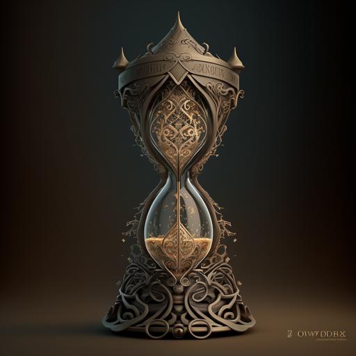 Create a concept art of a unique, ornate hourglass that is an essential element in the time change room set in the mystical world of Navia. The hourglass should feature a button-activated flipping mechanism, which turns the hourglass over and activates its time-changing properties when pressed. Incorporate design elements from Slavic mythology and give the hourglass a magical, mysterious, and ancient appearance. The design should showcase intricate details, such as the sand, frame, and any symbols or engravings on the hourglass, as well as the button and flipping mechanism. Ensure that the aesthetic is cohesive