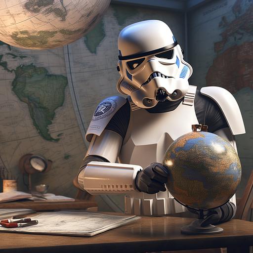 a concept artwork of a stormtrooper teaching geography in a geography classroom holding a globe. V5.3
