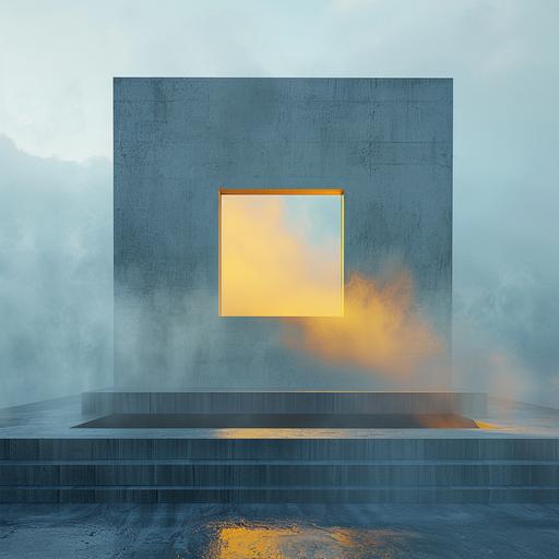 a concrete house, shape of a cubic block, a square window with yellow light, white concrete, blue fog, cinematic shot