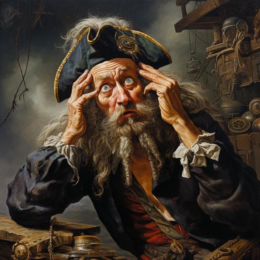 a confused pirate scratching their head