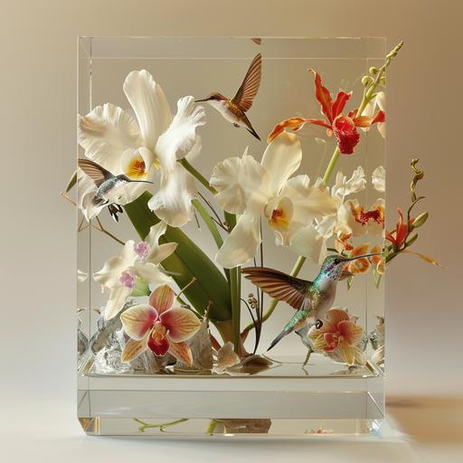 a contemporary photograph, of a composition of a glass cube with flowers (orchids) and hummingbirds inside. in an off white background