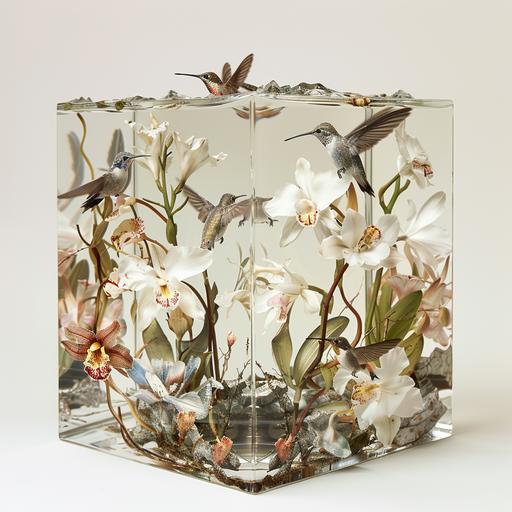 a contemporary photograph, of a composition of a glass cube with flowers (orchids) and hummingbirds inside. in an off white background