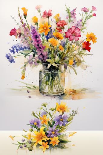 a contemporary watercolor painting of wildflowers in a vase. The brush strokes should be loose and messy, and the composition off center --ar 2:3