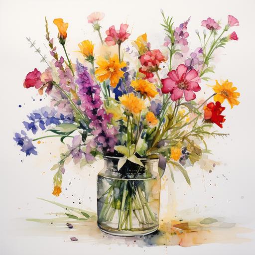a contemporary watercolor painting of wildflowers in a vase. The brush strokes should be loose and messy, and the composition off center