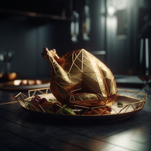 a cooked turkey on the plate made of brass, on a photo realistic polygonal style table --v 5.0 --s 750