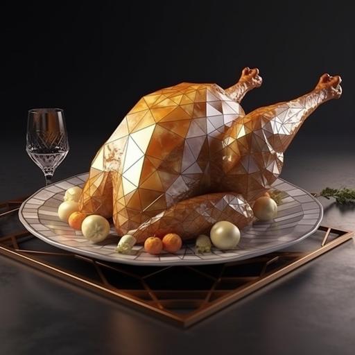 a cooked turkey on the platter of a thanksgiving day table made of brass in a photo realistic polygonal style --v 5.0 --s 750