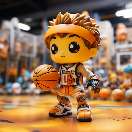 a cool basketball character with fancy hiphop clothes dunking the basketball, POPMART blind box chibi figurine cartoon box artwork, high detail --s 250