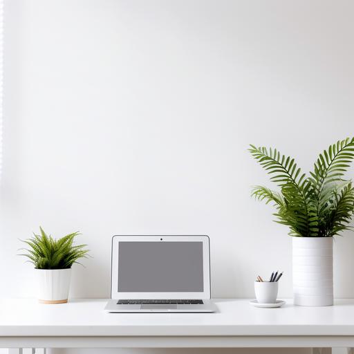 a cool, clean, white home office with a white desk and a laptop on it, with a single, small potted fern on the right hand edge of the image