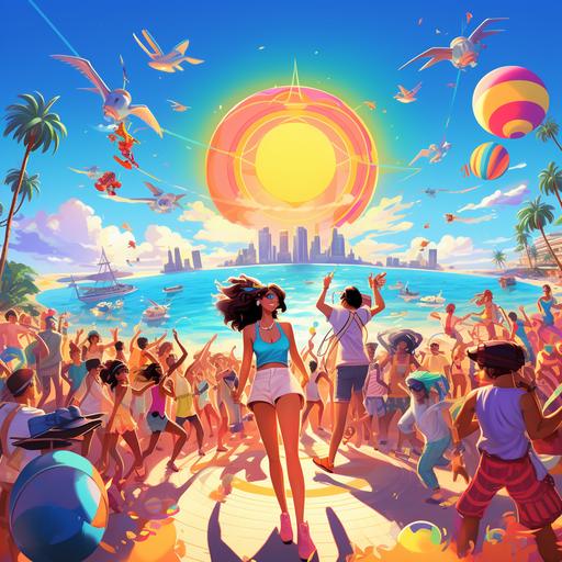 a cool, exciting album cover of a bright, sunny beach scene as the backdrop. The beach is filled with joyful people, a dj, a band playing a set, beach umbrellas, and a clear blue sky. In the foreground, we can have a stylized illustration of people dancing, with vibrant and colorful outfits that represent the fun spirit of the song. Make it playful, fun, adorned with some beach-related elements like seashells or surfboard illustrations. The color palette should consist of warm and vibrant colors like shades of orange, yellow, and turquoise to capture the essence of summer.