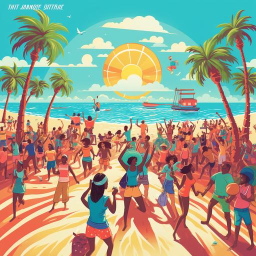 a cool, exciting album cover of a bright, sunny beach scene as the backdrop. The beach is filled with joyful people, a dj, a band playing a set, beach umbrellas, and a clear blue sky. In the foreground, we can have a stylized illustration of people dancing, with vibrant and colorful outfits that represent the fun spirit of the song. Make it playful, fun, adorned with some beach-related elements like seashells or surfboard illustrations. The color palette should consist of warm and vibrant colors like shades of orange, yellow, and turquoise to capture the essence of summer.