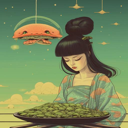 a cool looking pregnant mint coloured alien girl is dreaming about hamburgers, japanese old cartoon style, ukiyoe