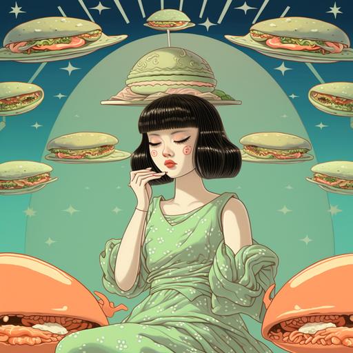 a cool looking pregnant mint coloured alien girl is dreaming about hamburgers, japanese old cartoon style, ukiyoe