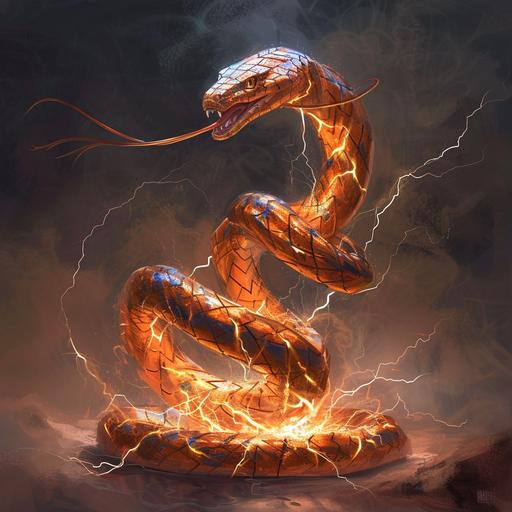 a copper wire coiling and slithering like a snake, propped up and ready to attack, sparking with electricity and lightning, fantasy computer game concept art, steampunk, video game concept art, hand drawn, illustration, portrait --v 6.0