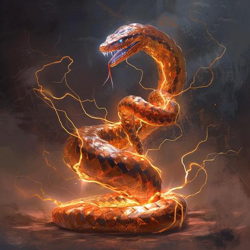 a copper wire coiling and slithering like a snake, propped up and ready to attack, sparking with electricity and lightning, fantasy computer game concept art, steampunk, video game concept art, hand drawn, illustration, portrait --v 6.0