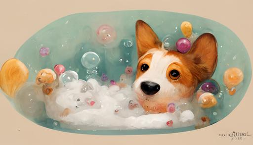 a corgi dog in a bubble bath, illustration, lots of bubbles, detailed, happy feeling —ar 16:9 --q 2 --v 3 --uplight