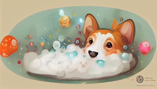 a corgi dog in a bubble bath, illustration, lots of bubbles, detailed, happy feeling —ar 16:9 --q 2 --v 3 --upbeta