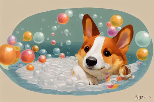 a corgi dog in a bubble bath, illustration, lots of bubbles, detailed, happy feeling —ar 16:9 --upbeta --test --creative --upbeta