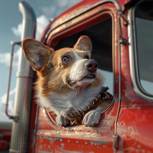 a corgi wearing a cowboy outfit, with its head sticking out of the passenger window of a red Peterbilt truck, photorealistic, 8k