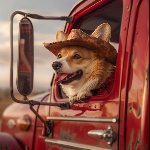 a corgi wearing a cowboy outfit, with its head sticking out of the passenger window of a red Peterbilt truck, photorealistic, 8k