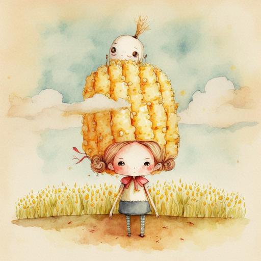 a corn made being with an imaginary friend made of popcorn adorable funny watercolor dreamy imaginative landscape wearing costumes funny hairstyles --v 4