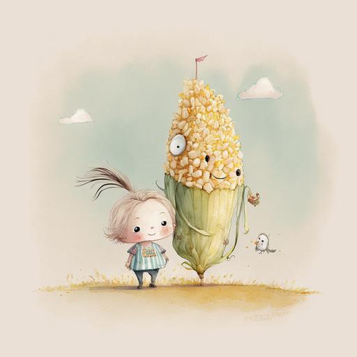 a cornbeing with an imaginary friend popcorn adorable funny watercolor dreamy imaginative landscape wearing costumes funny hairstyles --v 4