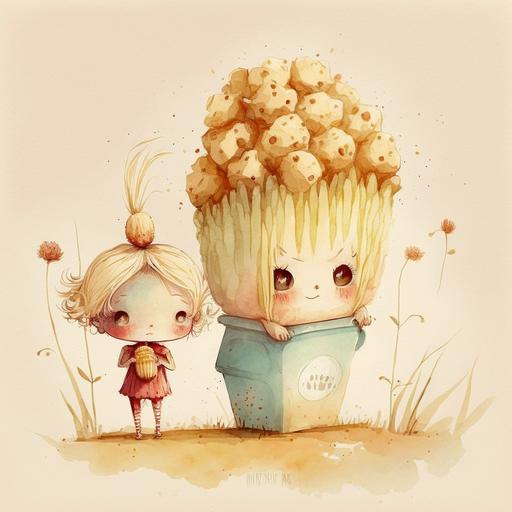 a cornbeing with an imaginary friend popcorn adorable funny watercolor dreamy imaginative landscape wearing costumes funny hairstyles --v 4