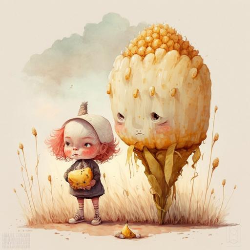 a cornbeing with an imaginary friend popcorn adorable funny watercolor dreamy imaginative landscape wearing costumes funny hairstyles --v 4