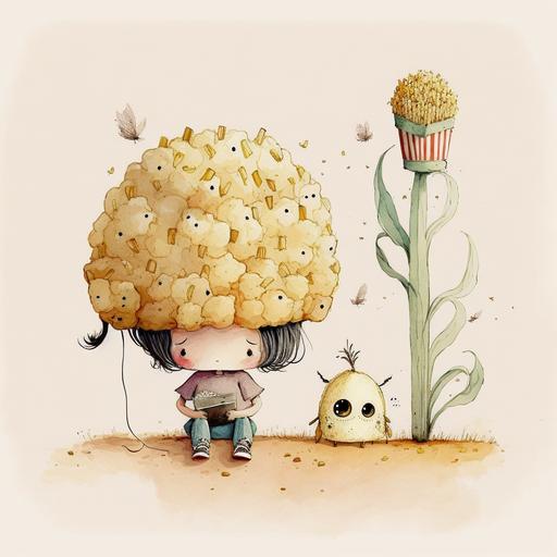 a cornbeing with an imaginary friend popcorn adorable funny watercolor dreamy imaginative landscape wearing costumes funny hairstyles --v 4