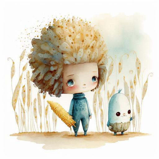 a cornbeing with an imaginary friend popcorn adorable funny watercolor dreamy imaginative landscape wearing costumes funny hairstyles --v 4